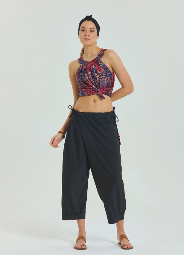 Adjustable Waist Black Women's Summer Trousers with Rope Detail 4583
